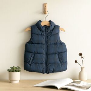 Old Navy‎ Frost Free Boys Puffer Vest Size 4T Navy Blue Plaid Zip Up Winter Warm